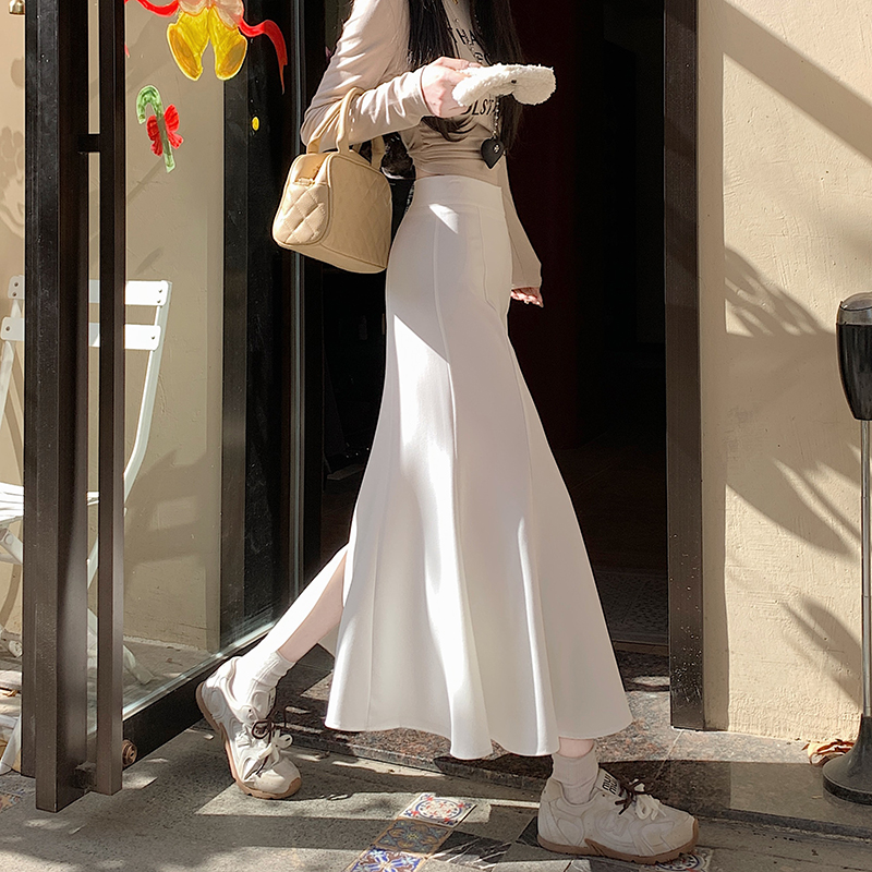 Real shot Korean version of high waist slim fishtail long A-line skirt with slit large skirt for women