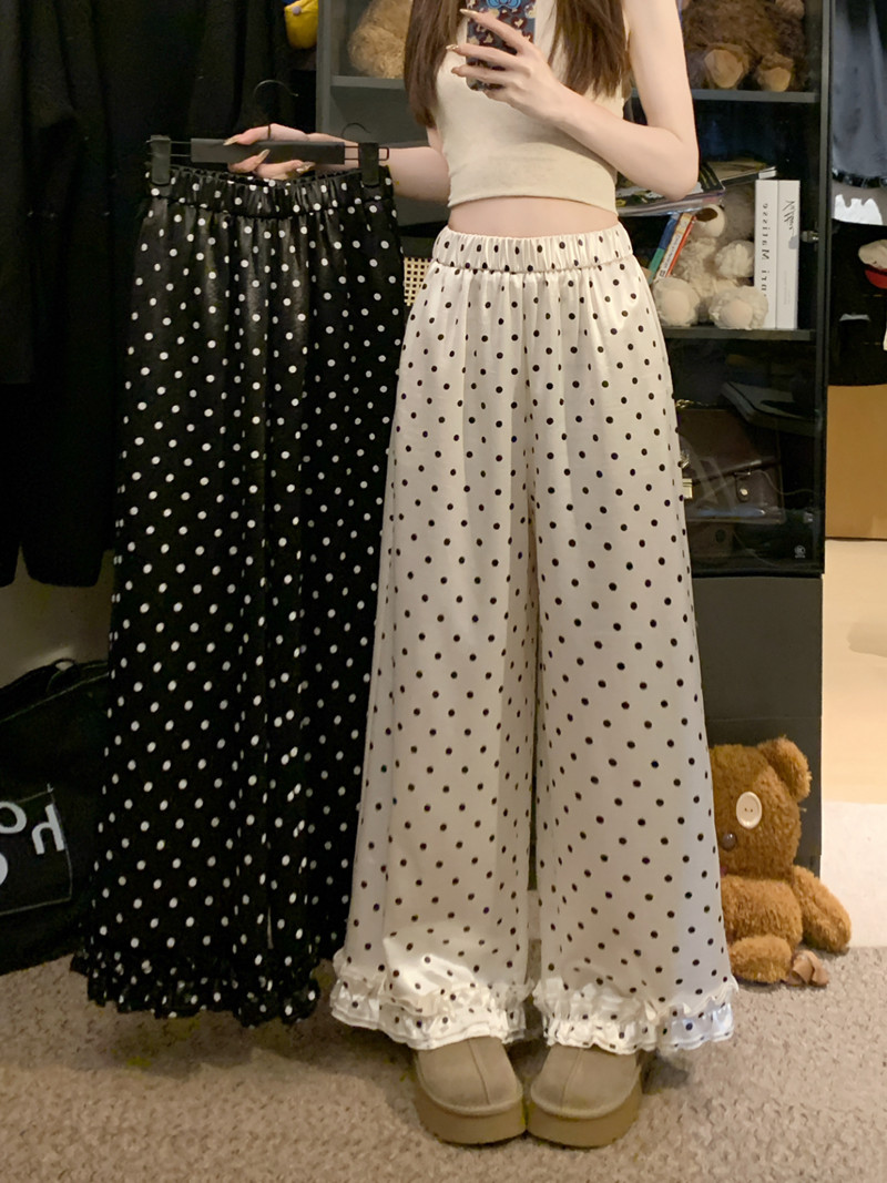 Real shot of new spring and summer design, polka dot elastic waist casual pants, versatile wood earrings wide-leg pants
