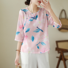 Real shot 2025 modified top design niche women's ramie gentle style round neck retro shirt