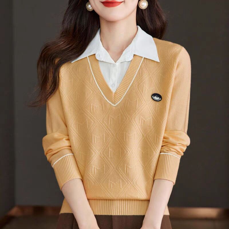 Fake two-piece sweater top for women in spring and autumn fashionable base shirt casual shirt collar sweater