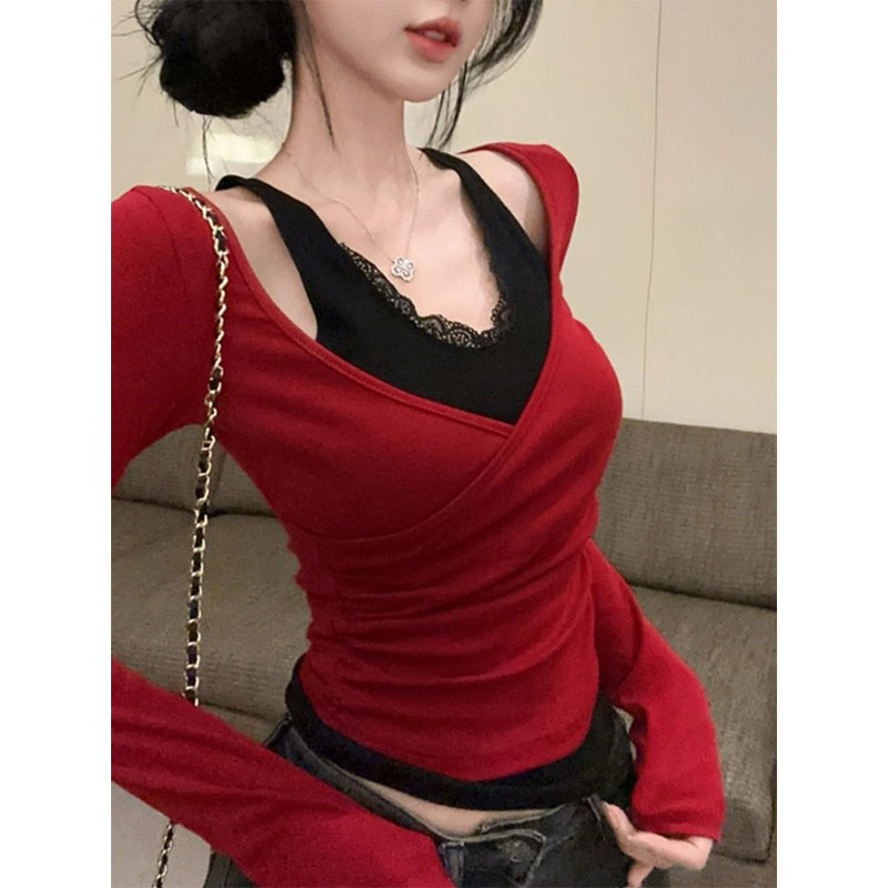 1X1 German velvet 220g slim long-sleeved T-shirt for women pure sexy hot girls lace fake two-piece V-neck top
