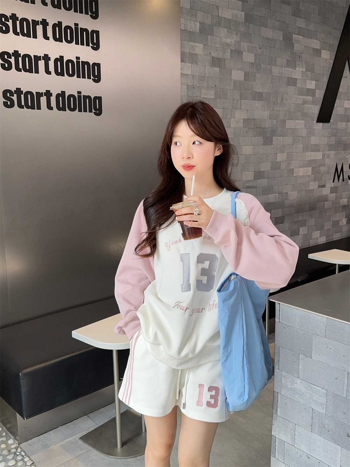 Real shot~ Girls Pi casual pink spliced ​​long-sleeved loose sweatshirt set