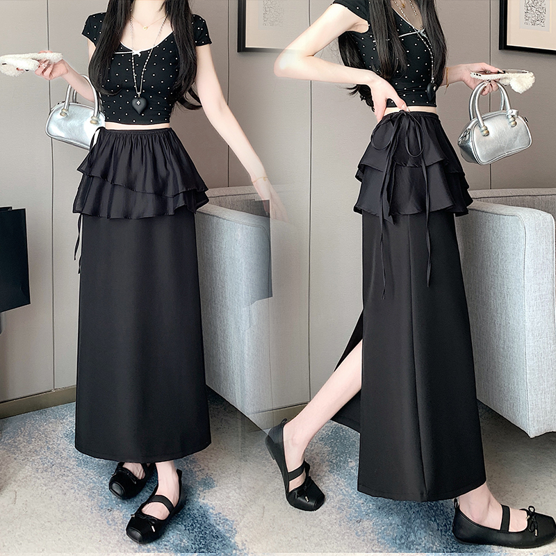 Real shot Korean ins spring and summer new sweet side lace-up double layered butt curtain skirt half-body long skirt