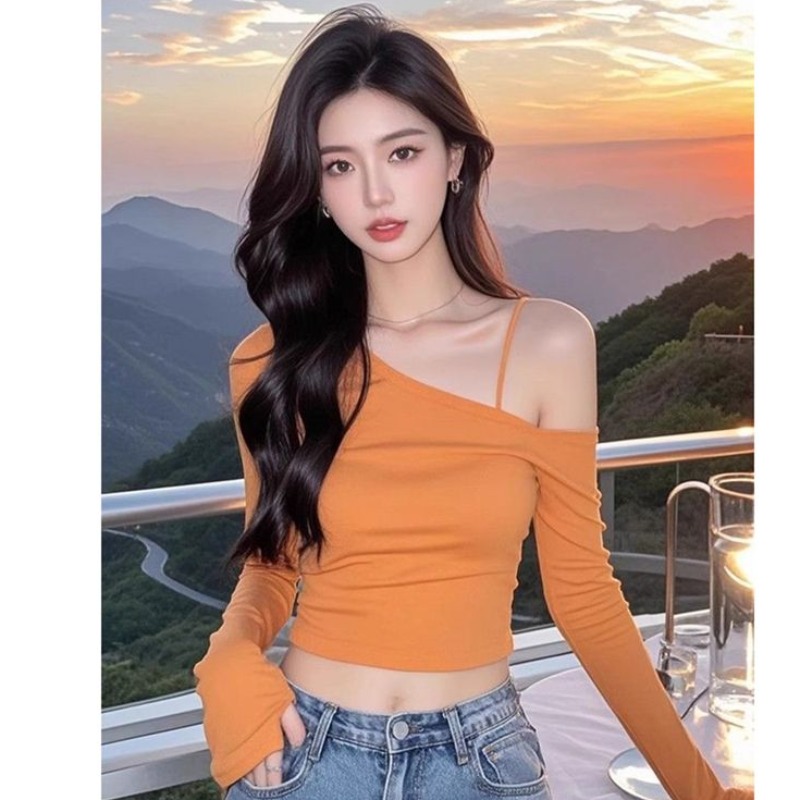 Orange and yellow off-shoulder German velvet long-sleeved base shirt for women's design and sweet hot girl slim and trendy
