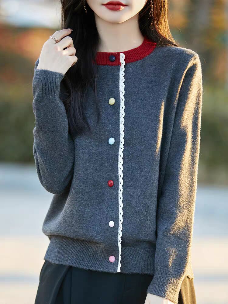 New spring round neck fashionable color-blocked wool knitted cardigan for women loose sweater jacket spring and autumn