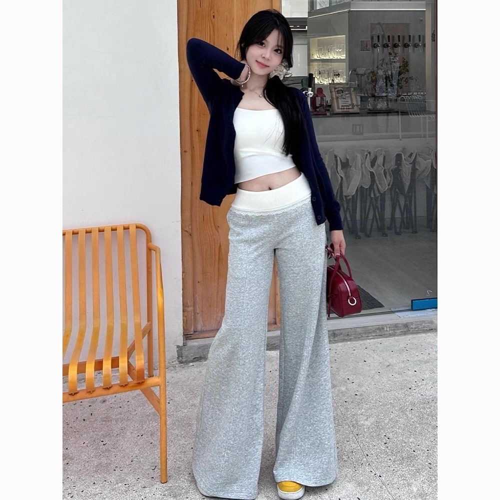 Gray lace flip waist design sense commuter thin wide-leg pants for women's autumn and winter loose sports pants versatile casual