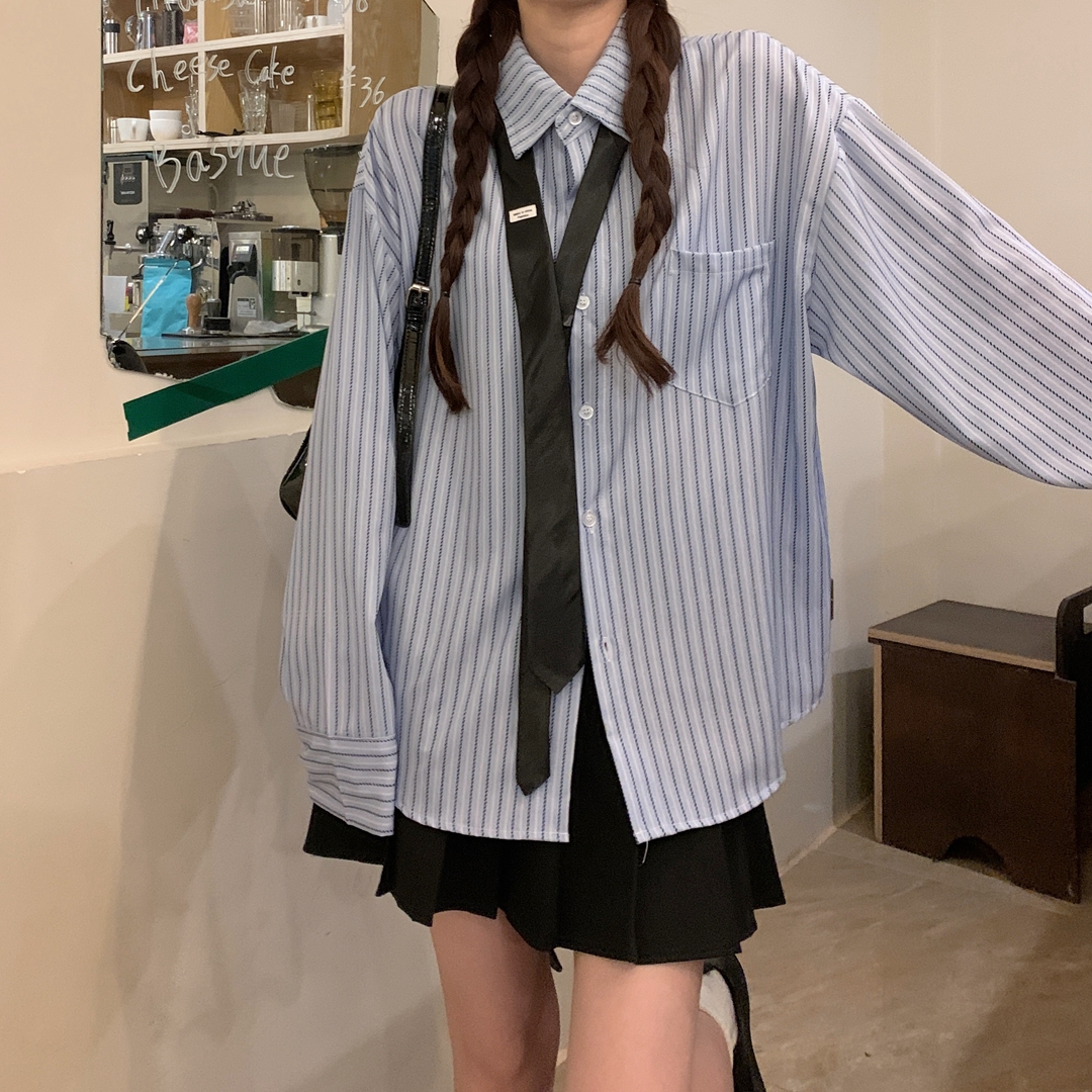Send tie spring and summer retro striped shirt women's college style loose casual shirt ins