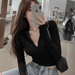 New base shirt for women in autumn and winter Korean long-sleeved T-shirt with semi-zippered slim fit and sexy inner short navel top trendy
