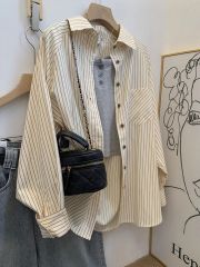 Design-sensing hooded hooded long-sleeved striped jacket shirt niche loose casual sunscreen mid-length top