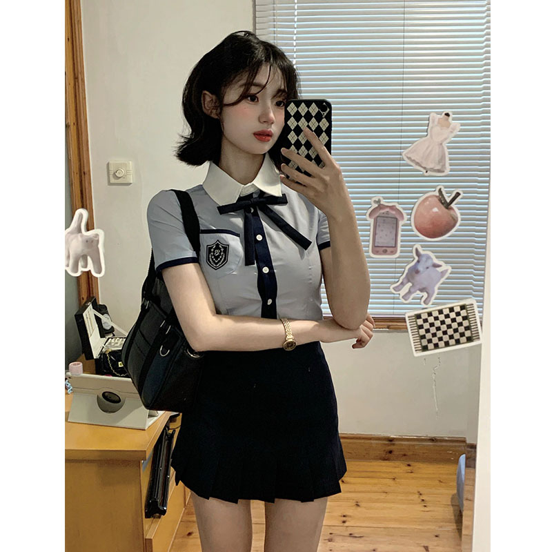 已出貨 有配飾學院風Polo領設計感短袖襯衫女夏季新款收腰襯衣