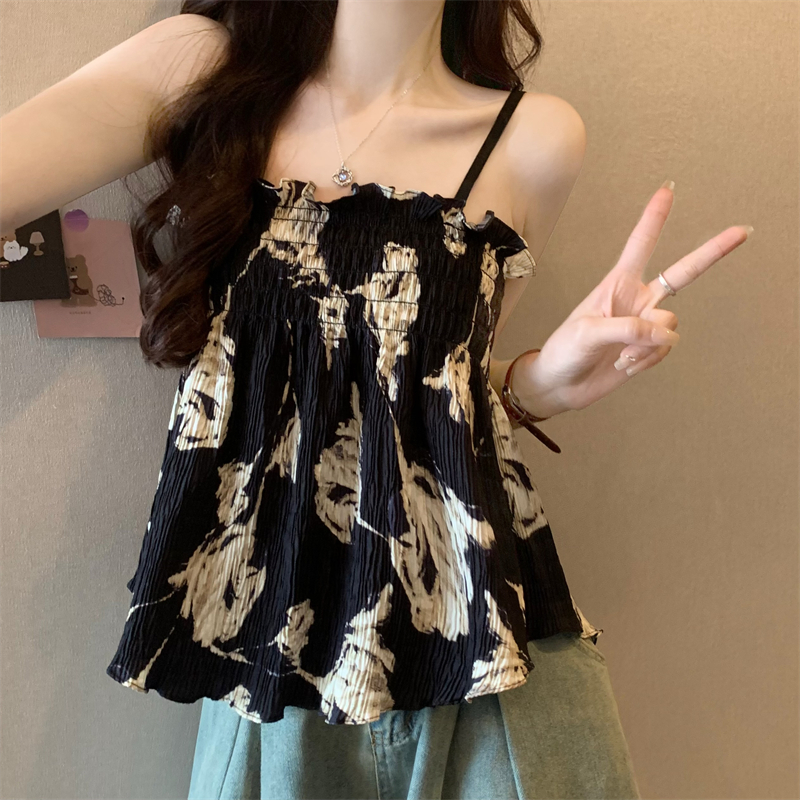 Real-life wholesale price 2025 summer new British retro print pleated elastic design suspender vest top