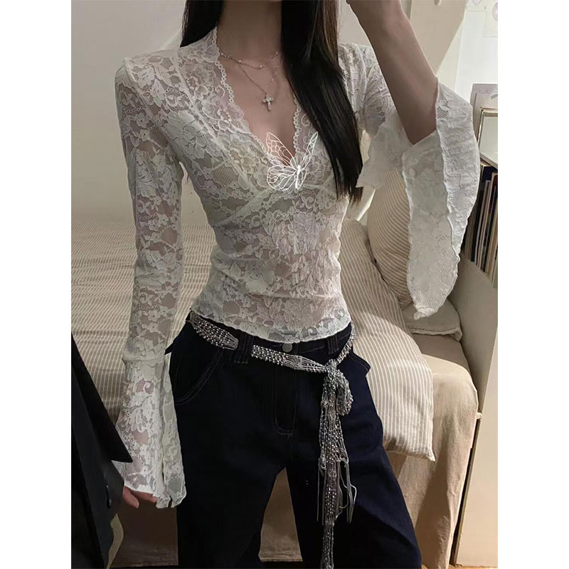 Soft design V-neck long-sleeved lace shirt autumn pure hot girl top