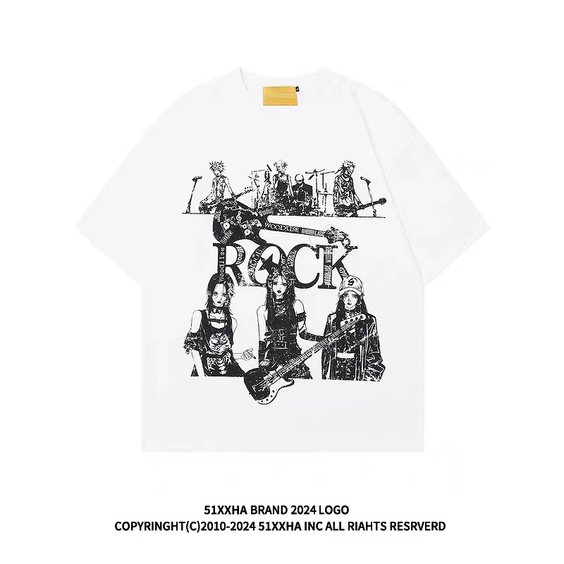 Pure cotton 210g street rock style printed loose round neck short-sleeved T-shirt retro trendy brand pure cotton half-sleeved