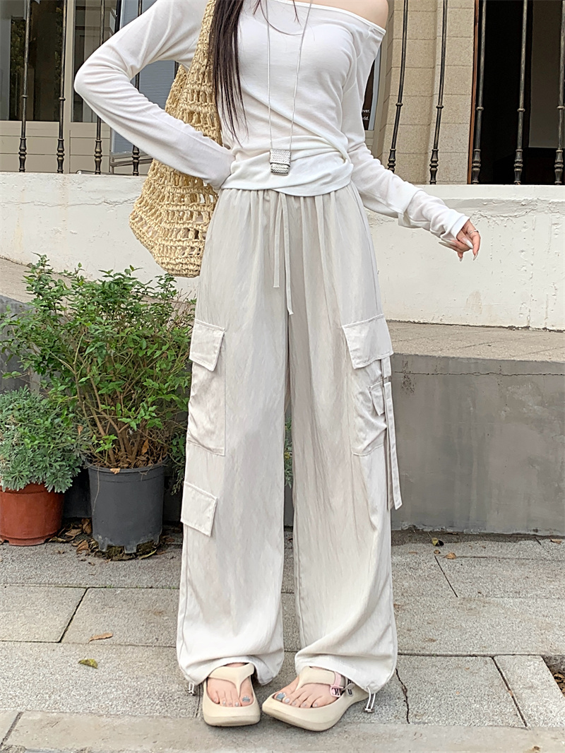 Real shot of lazy wind high waist drawstring work pants drooping to make summer wide-leg casual pants