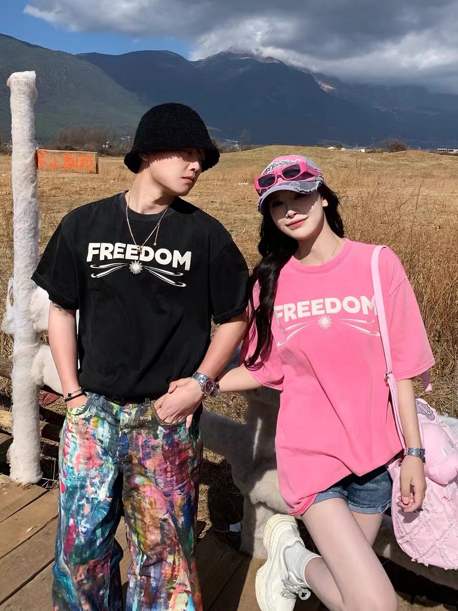 Pure cotton couple Liberty printed short-sleeved T-shirt for women's loose 2025 spring new top
