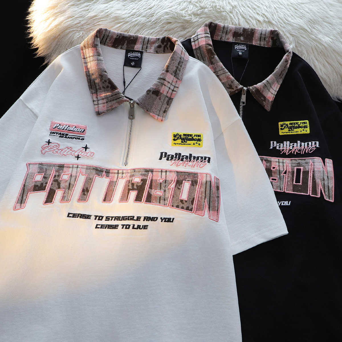 American embroidered letters polo collar half zipper short-sleeved T-shirt men and women summer loose half-sleeved trendy brand hiphop tops