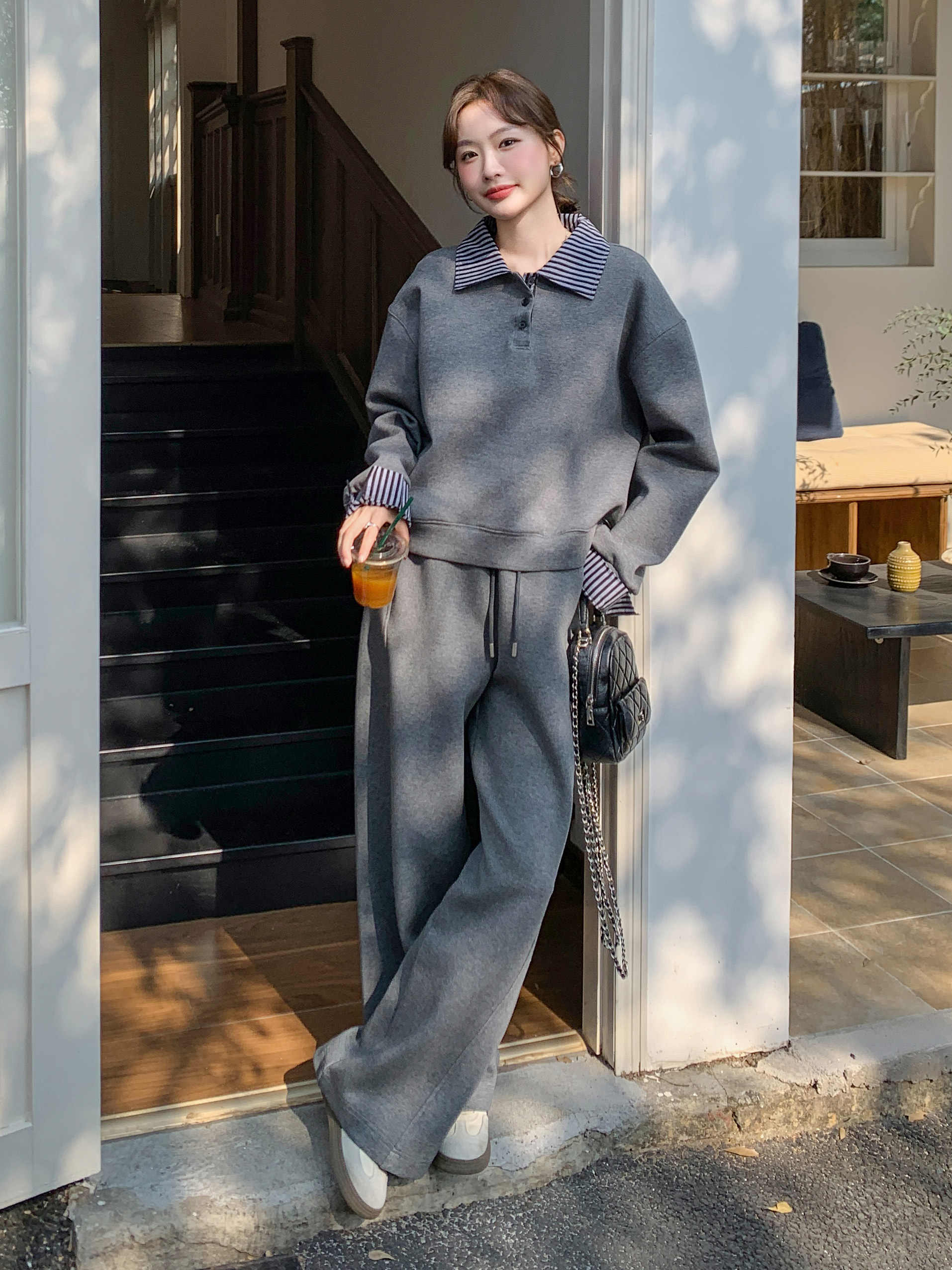 Pure cotton Chinese cotton original workmanship POLO neck casual sweatshirt wide-leg pants loose two-piece sports suit for women spring