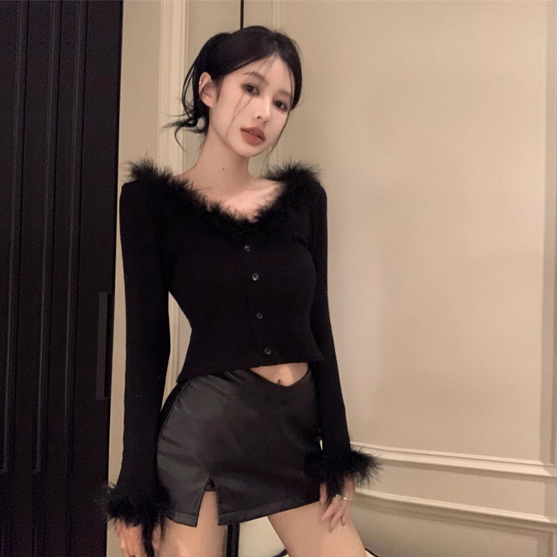 Original workmanship gentle style fur splicing v-neck long sleeves fashionable stylish slim top
