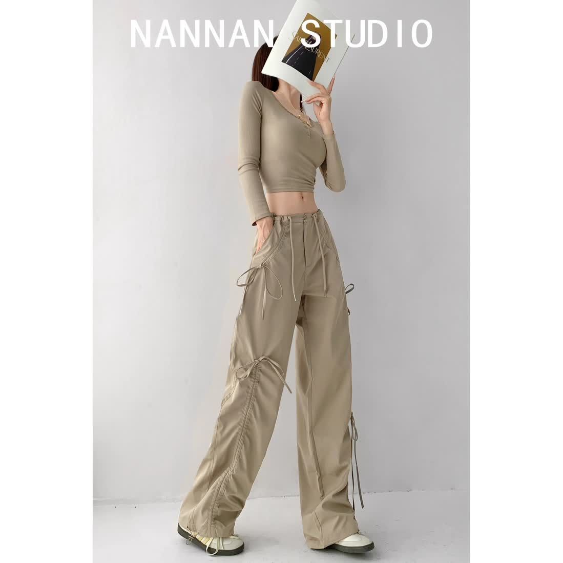 Stylish and toned low waist bow tie loose straight work pants for women American parachute wide-leg pants