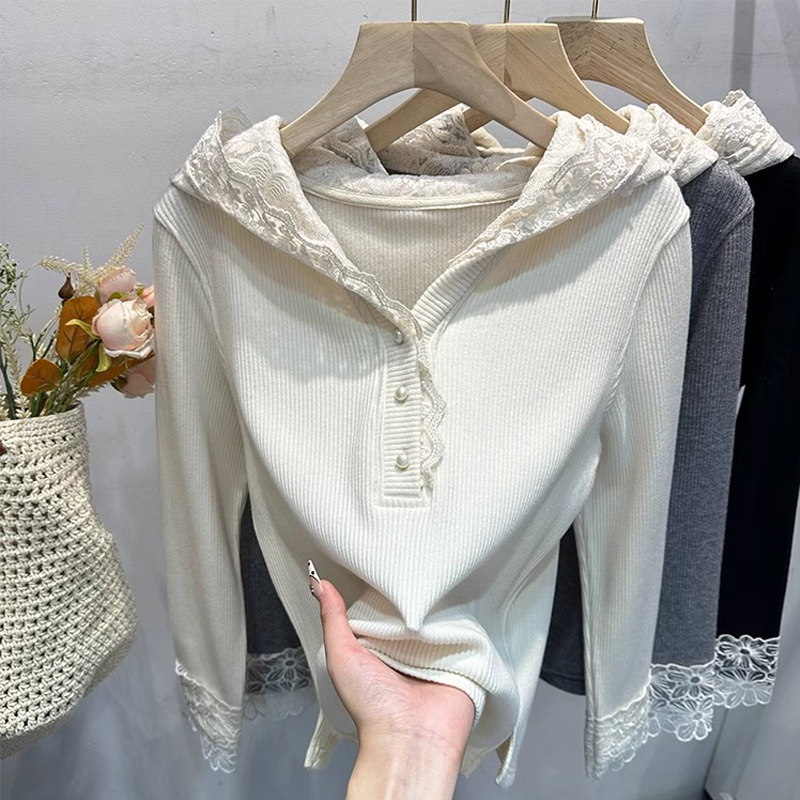 Original workmanship Korean lace splicing hoodie T-shirt for women's spring loose casual base shirt