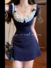 Lace spliced ​​hot girl doll collar dress for women in summer new slim fit pleated waist-hugging slim A-line short skirt