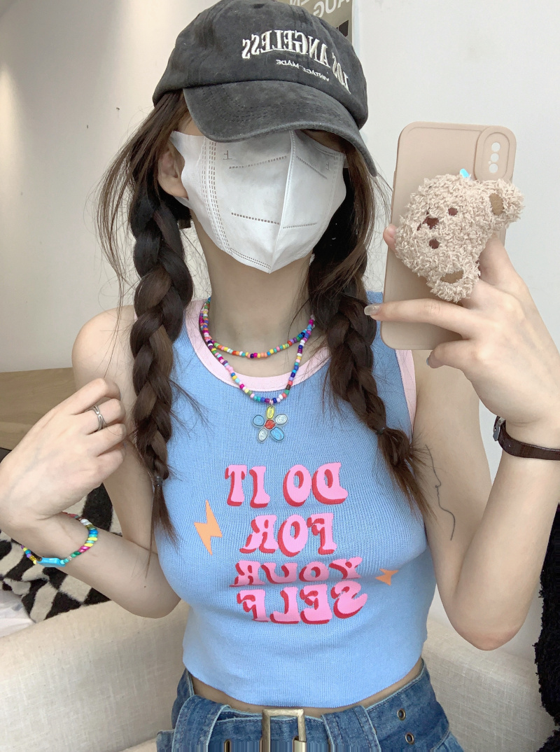已出貨 甜辣妹修身顯瘦短款露臍背心女夏季外穿字母印花無袖上衣
