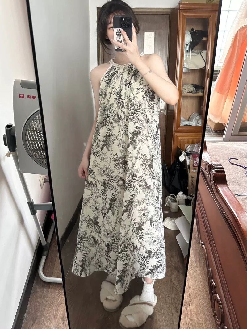 New Chinese style ink tie-dye suspender dress for women in summer loose slim vacation style long skirt off-shoulder A-line skirt