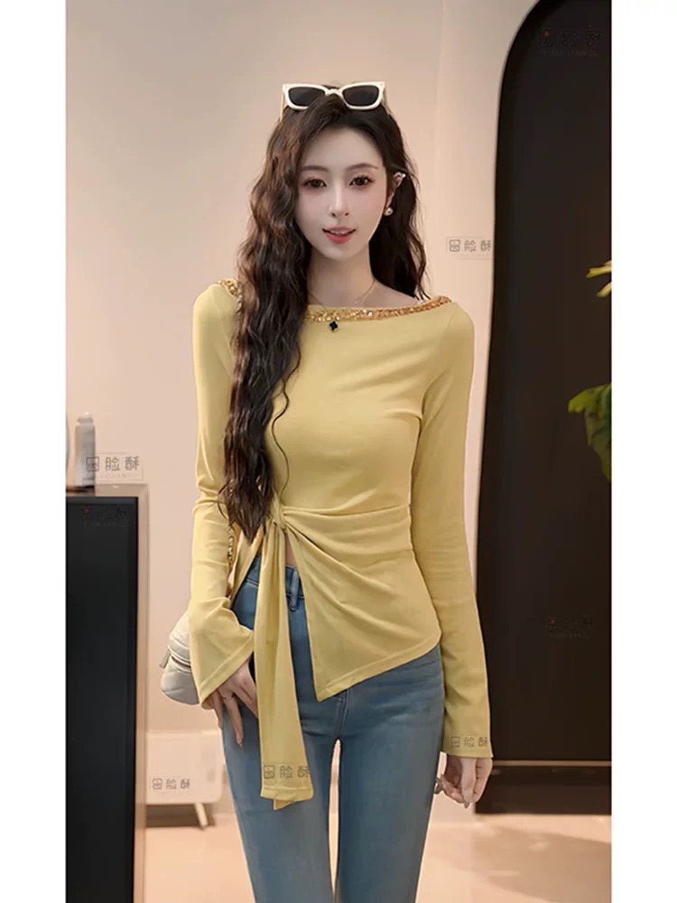 Sea Salt Cheese 2025 new casual temperament style design irregular long sleeve slim fit T-shirt for women