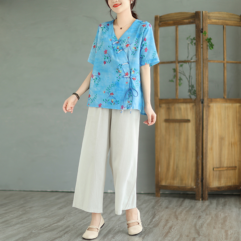 Real shot of women's 2025 casual ethnic style cotton and linen two-piece straight pants