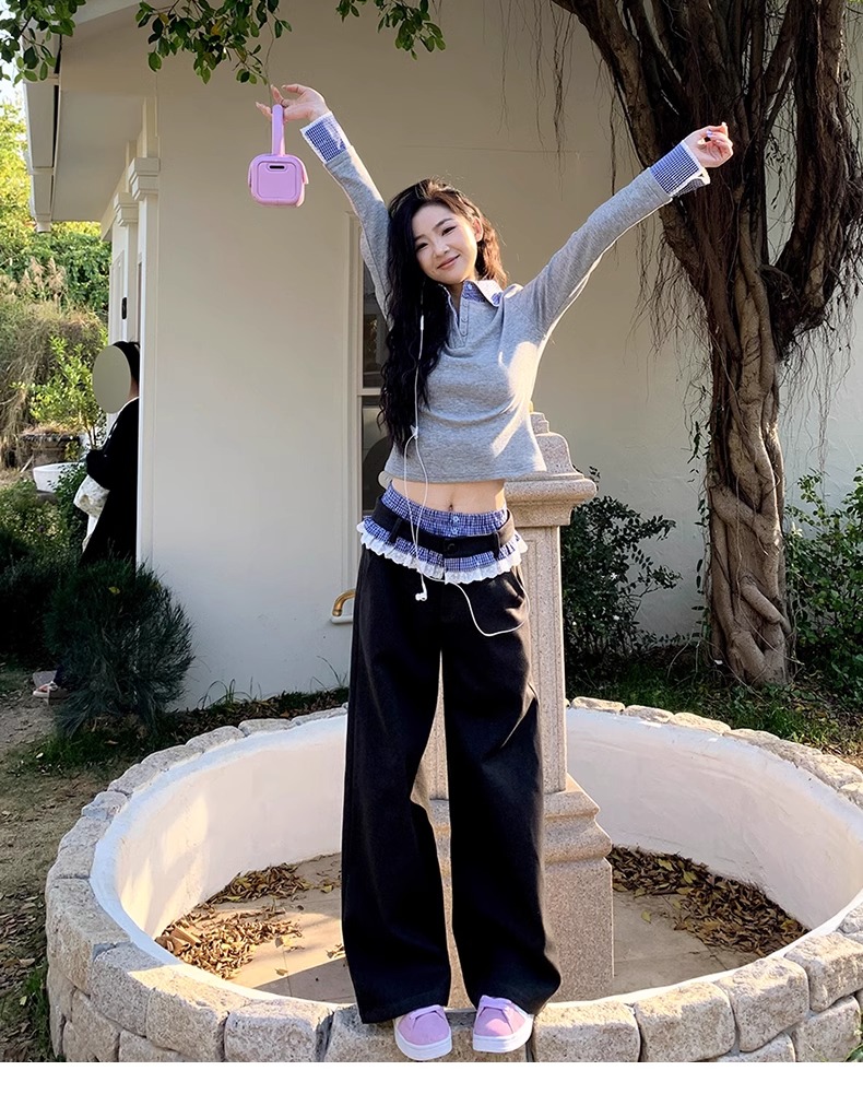 Suit waist #Double waist casual pants spliced ​​lace women's 2025 new loose straight wide-leg pants