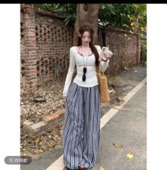 Skk Store Ripples Wind Chimes Checked Casual Pants Women's Spring Drawstring Wide Legs Bikini Hornet Sling