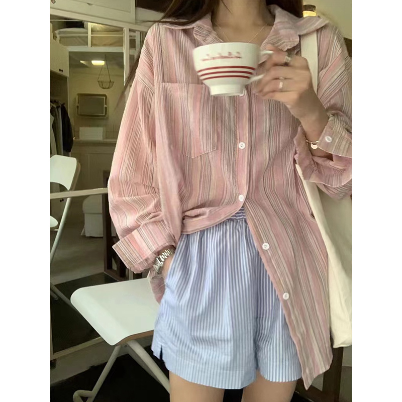 Lazy and casual spring and autumn Korean striped shirt summer sun protection pink cotton casual top coat for women