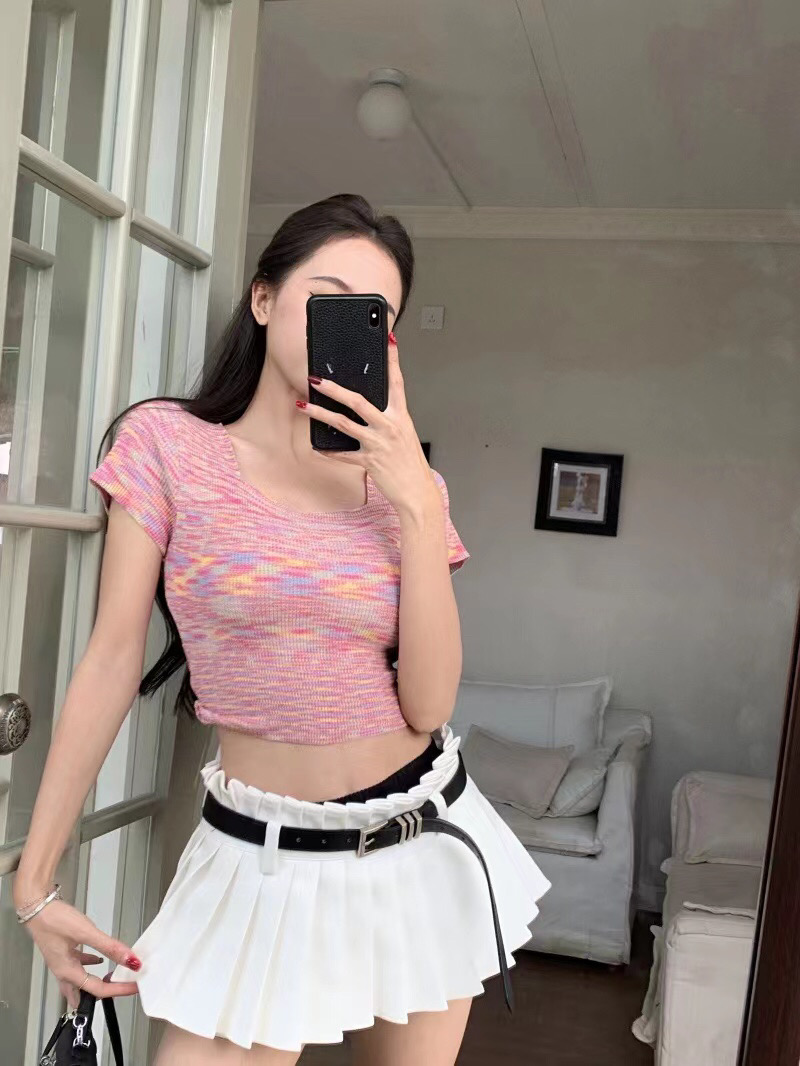 已出貨 初夏純欲甜美辣妹彩色條紋方領短款針織度小心機露腰短袖