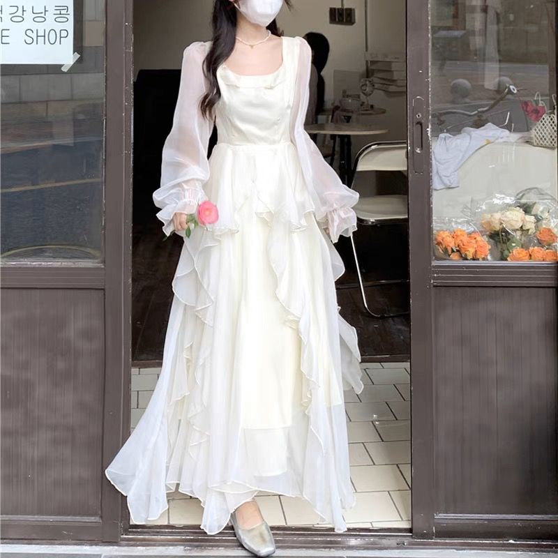 French gentle white ruffled dress fairy autumn and winter temperament high-end birthday escape princess long skirt