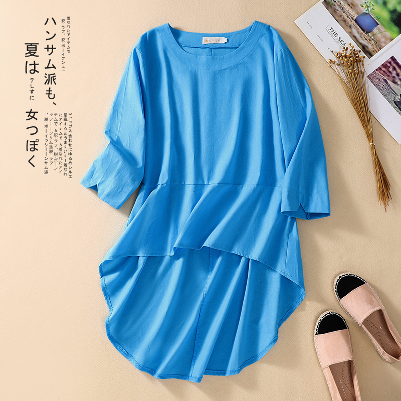 Real shot of linen women's clothing 2025 summer new loose casual irregular T-shirt and quarter-sleeved top for women