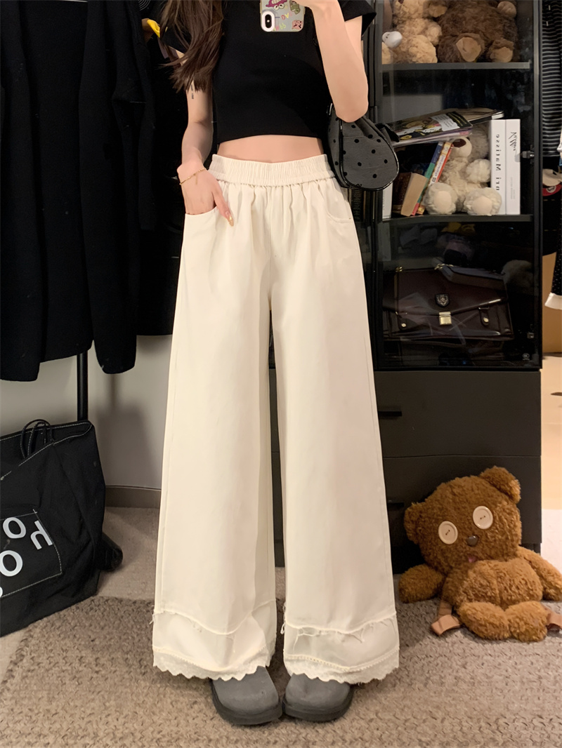 Real shot of spring and summer retro washing cotton-edged wide-leg pants high waist slimming draped straight loose casual pants