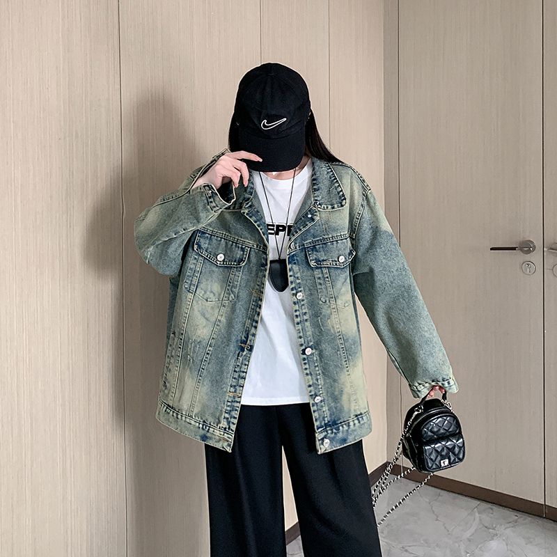 Real shot~Retro denim jacket for women in spring new high street washing old loose casual denim jacket