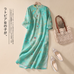 Real shot of ramie original design retro cheongsam improved women's literary temperament cotton and linen stand collar dress for women