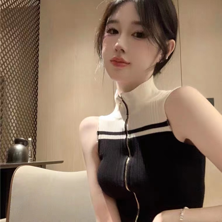 已出貨polo領撞色拼接針織衫女夏季純欲辣妹性感背心冰絲無袖上衣