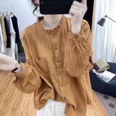 2025 Spring and Autumn Retro Long Sleeve Shirt Women Fashion Loose Large Size Casual Top