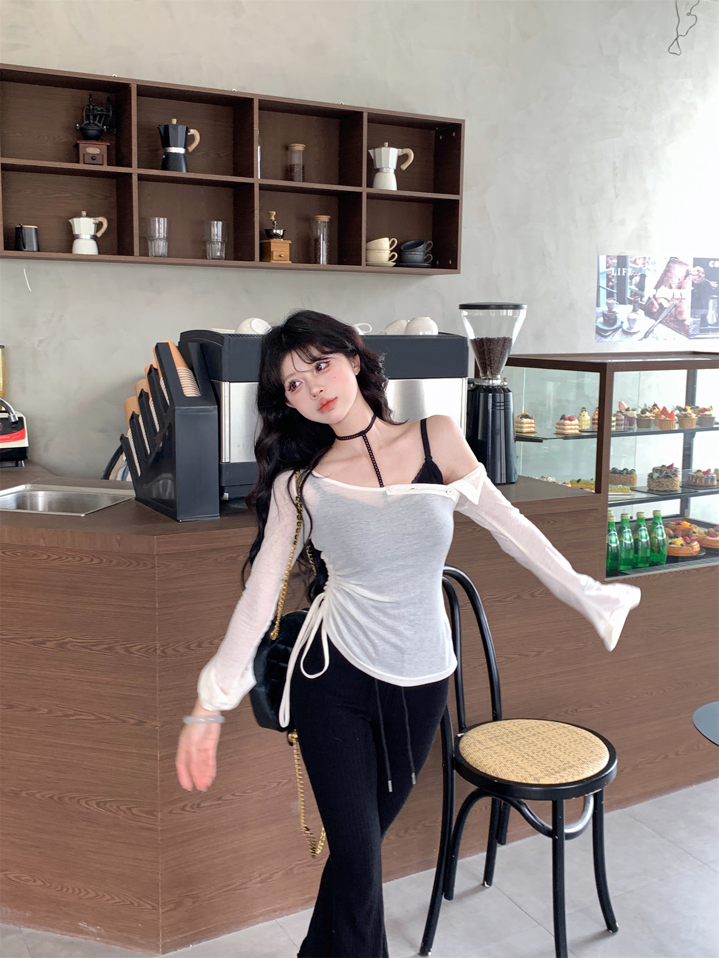 Real photo~Gentle sister off-shoulder T-shirt halter neck suspender women irregular knit waist-closing design top