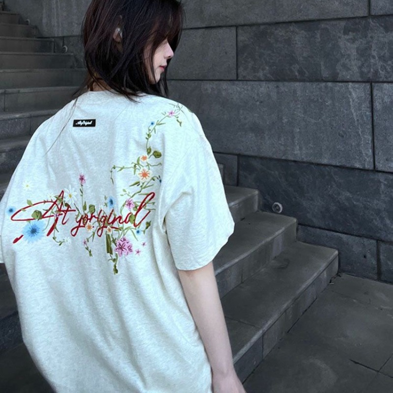 Front and back embroidery 19 230g pure cotton back collar edging short-sleeved T-shirt in summer new loose tops for women fashion