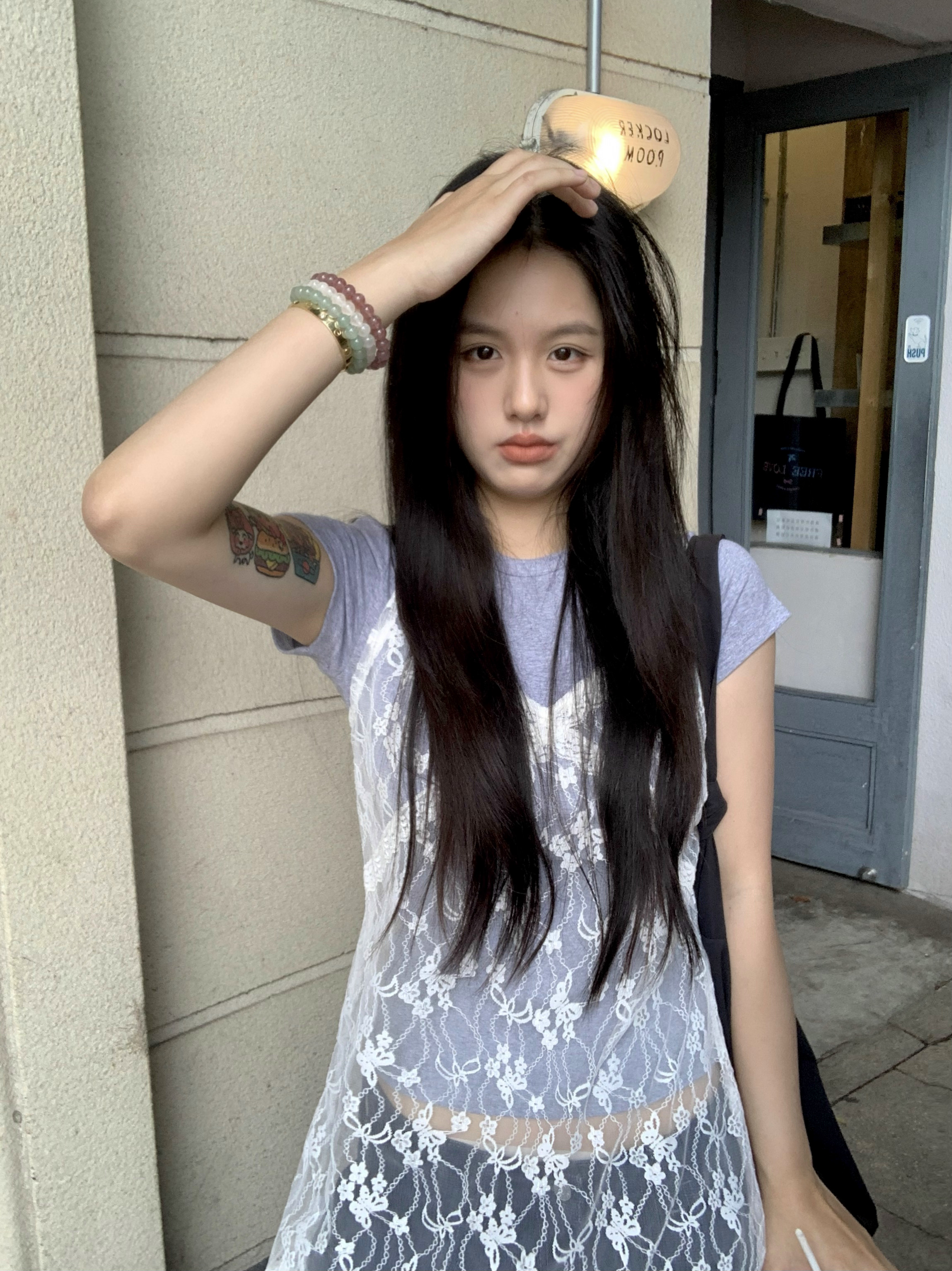 Real photo~ Korean layered lace suspender skirt perspective blouse dress short-sleeved suit
