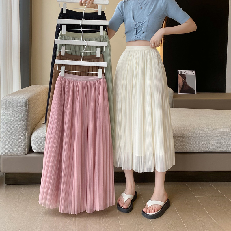 Mesh skirt for women in summer, high waist, slim and drooping small pleated fairy skirt