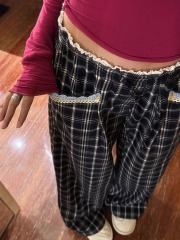 CHAO-level recommendation!  Niche Contrasted Lace Patchwork Pants for Women's Autumn New Design High Waist Wide Legs