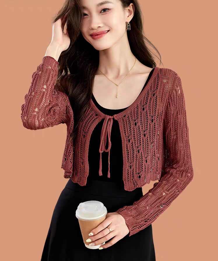 Thin knitted cardigan for women short spring new summer outerwear small shawl jacket hollow blouse