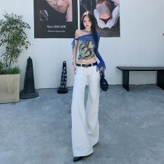 25th ootd! Hot girl white low waist slightly flared jeans for women in spring and summer new slim stretch straight flared pants
