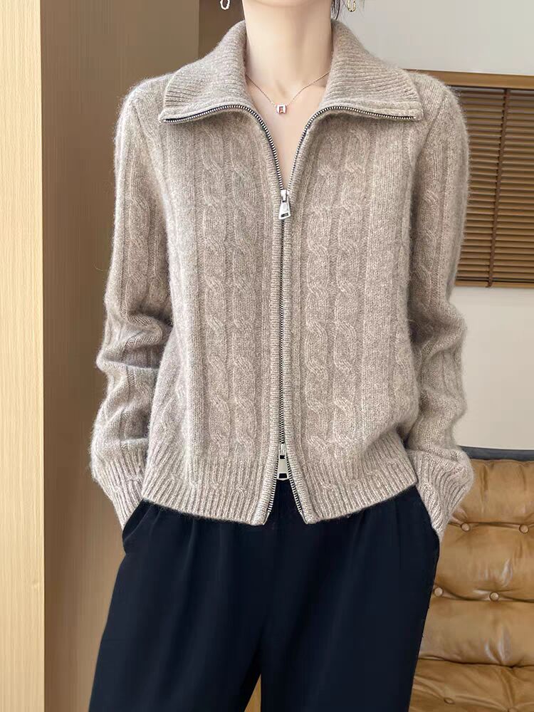 Double zipper lapel twisted cardigan for women soft and thickened twist sweater knitted jacket top
