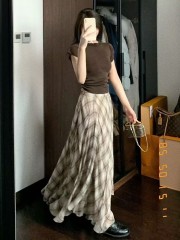 French retro suit skirt for women with short drawstring short sleeve T-shirt for women 2025 high waist skirt two-piece set for women