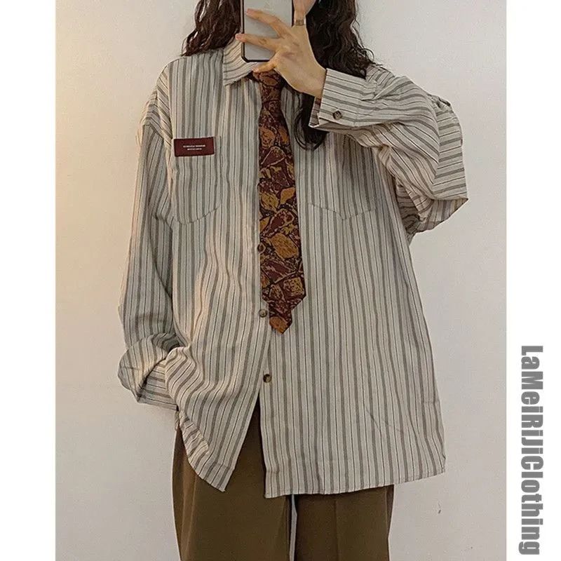 American retro Japanese women's loose and versatile college style design niche long-sleeved striped shirt